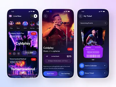 Live Concert & Artist Discovery App UI app app concept app design artist app concert app dark ui dashboard ui dribbble entertainment app events app live concert promotion live events live streaming app mobile app mobile app design modern ui music app ui ux design