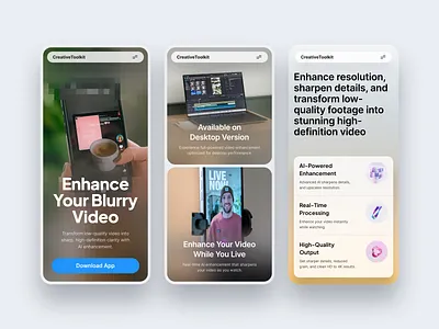 Pixel to Clarity — Mobile Website Version android apple blur gradient bold branding card clean design iphone layout mobile website responsive typography ui ux video editor website whitespace