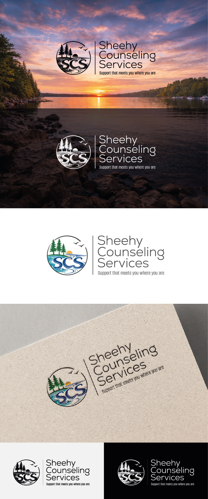Calm-Circle Emblem for Counseling Practice badge brand identity calming color mono versions counseling emblem healthcare branding lake logo mental health nature responsive logo sans serif stationery trees vector