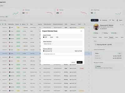 Quick Export b2bdesign constructiontech dashboarddesign datavisualization enterprisedesign fieldoperations problemsolving saasdesign teammanagement ui uxflow workforcemanagement