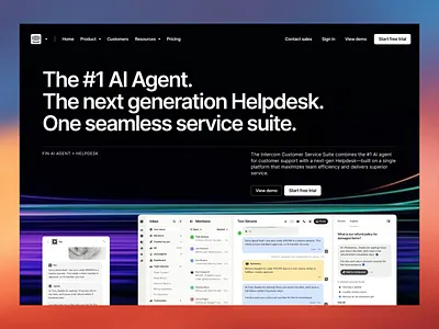 Intercom – AI Customer Service Platform Redesign ai agent ai voice agent animation custom service platform hero section homepage landing page landing page redesign redesign saas saas platform saas product saas website service service website startup ui design ux design wavespace website