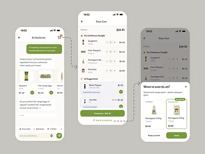 AI Grocery Assistant ai assistant card color flow groceries mobile prototype suggestions typography ui ux