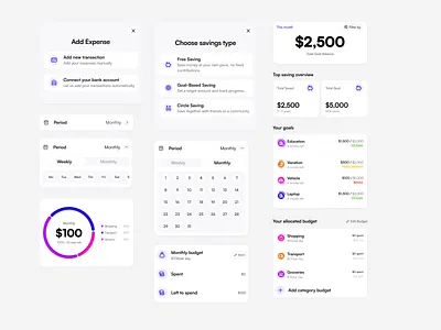 FinPal: Budget, Savings & Expense Components Cards animation branding carddesign cardui componentsui dashboard data visualization design system finance app fintech icons mobile app product design ui ui components ui design uicolors ux design