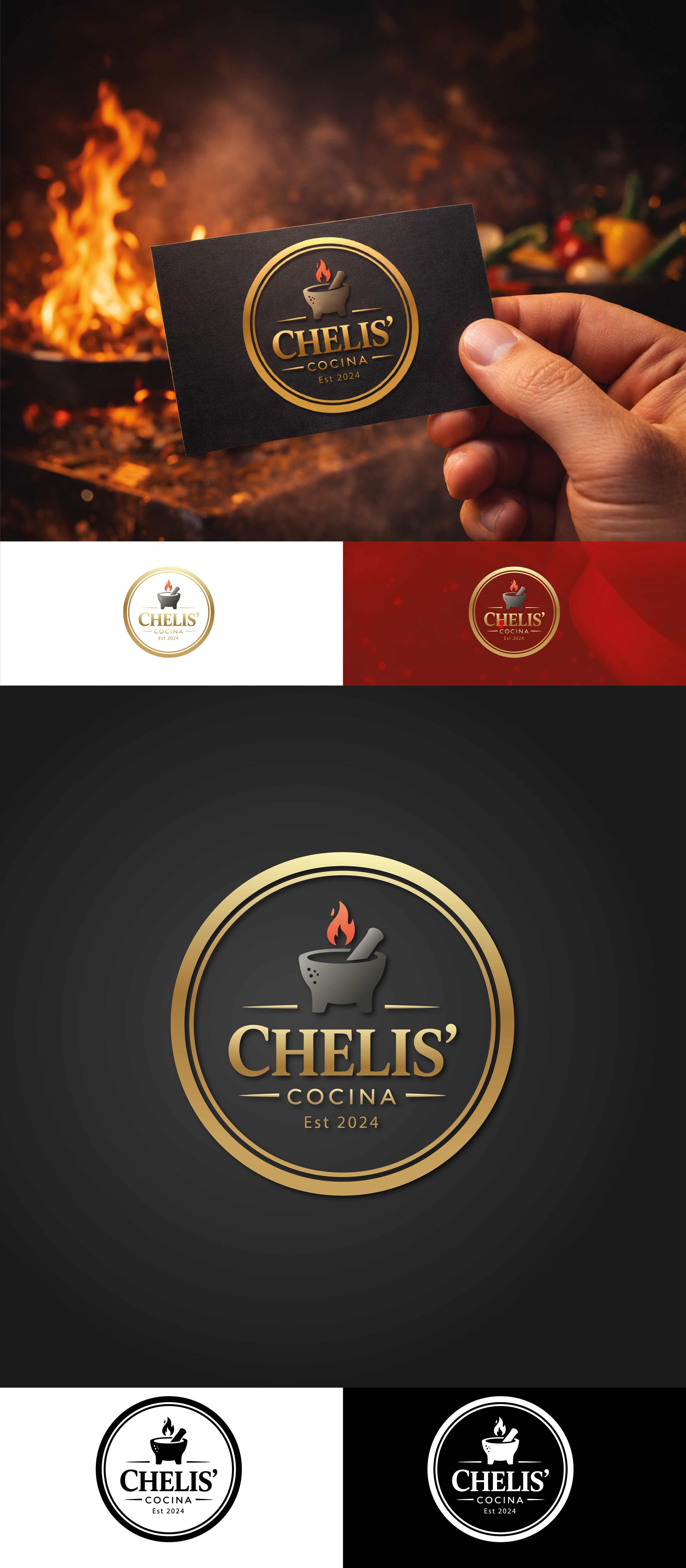 Premium rustic badge logo for a Latin kitchen badge logo culinary emblem embossed logo food logo gold foil hospitality identity logo luxury mortar and pestle restaurant branding vector design vintage seal