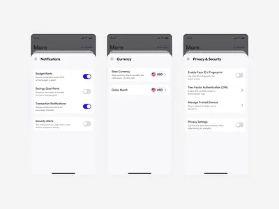FinPal: Settings (Notifications, Currency & Security) finance app fintech iosapp mobile app mobile ui notifications privacy product design security settings ui ui design ux design