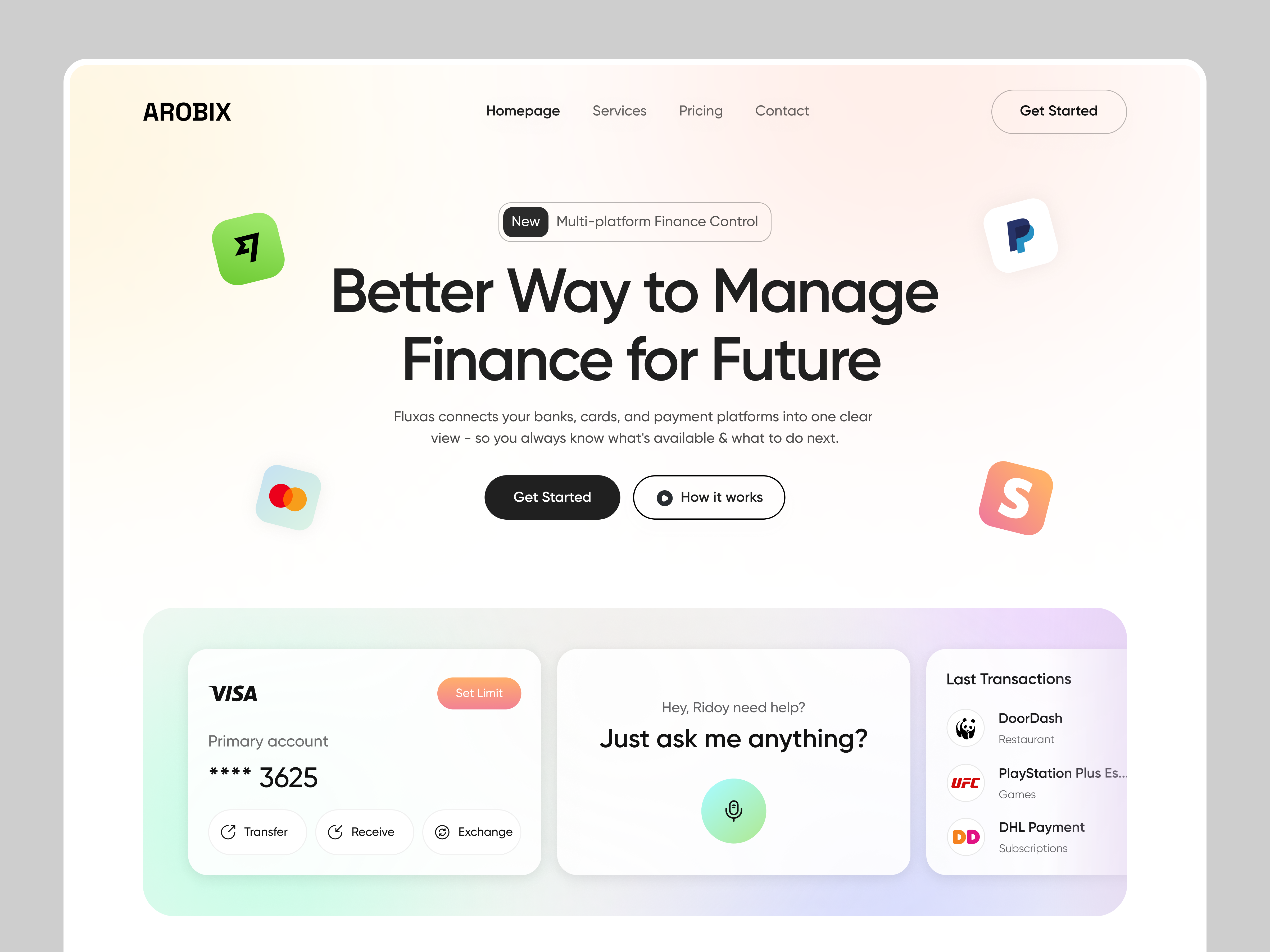 Arobix — Smarter Finance, One Clear View banking banking app digital banking finance finance app finance website financial fintech interface investment landing page modern fintech money product saas website ui design ux design web design website website design