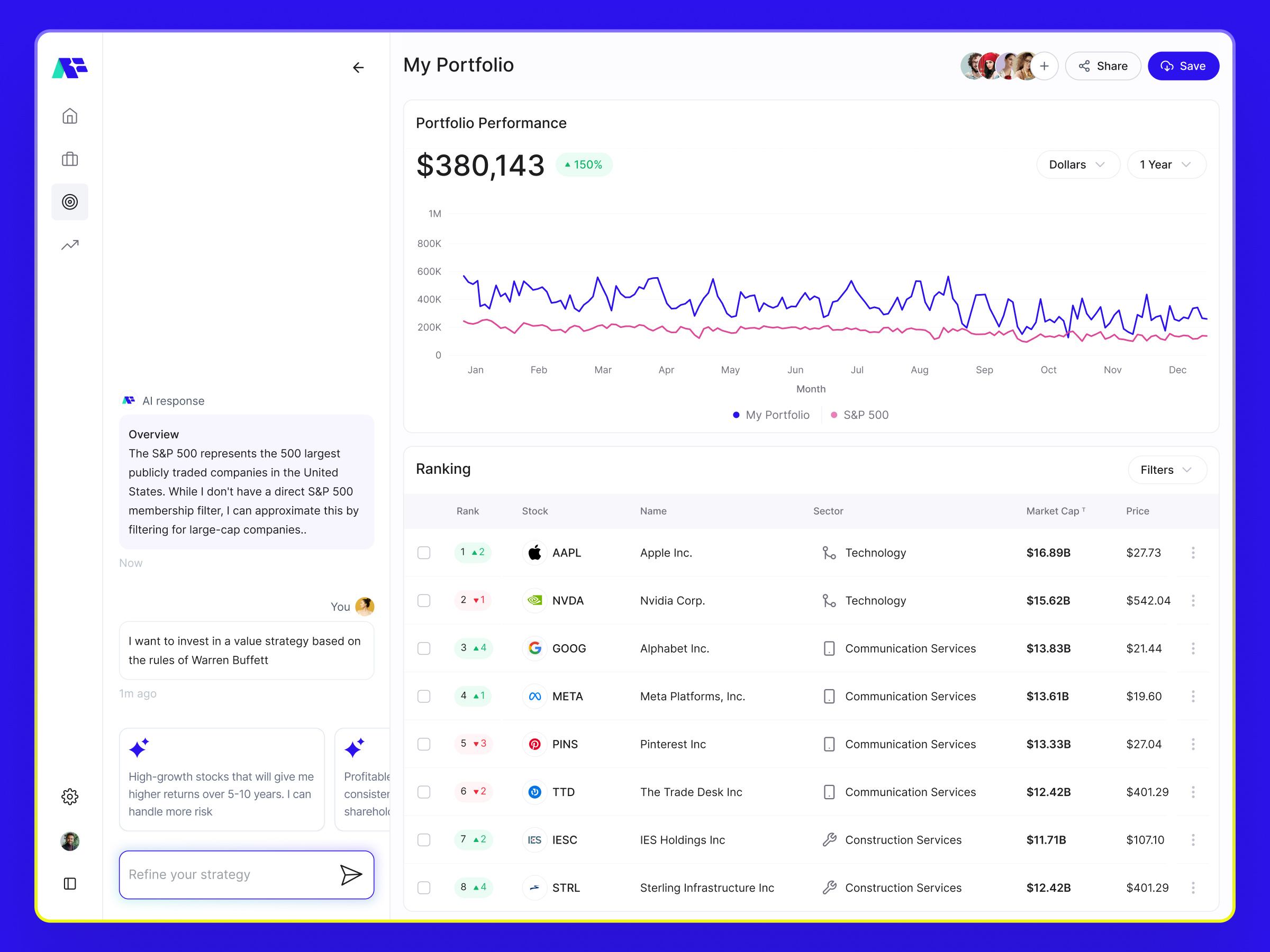 Stocks Portfolio ai chat dashboard finance portfolio productdesign stocks table ui