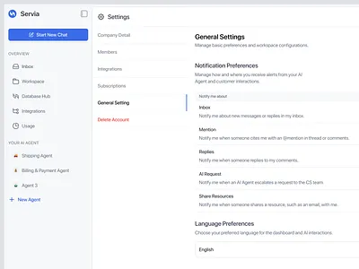 AI Customer Support Dashboard: Notification & Workspace Settings app clean clean saas clean saas settings customer customer support dashboard database design enterprise help center library lsjvn product design saas saas app settings support uiux web app