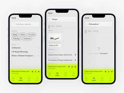 Podcast App Search UI – Mobile UX Design application apps best design gray hire interface light mode menu minimal mobile ui modern no result player search ui ux