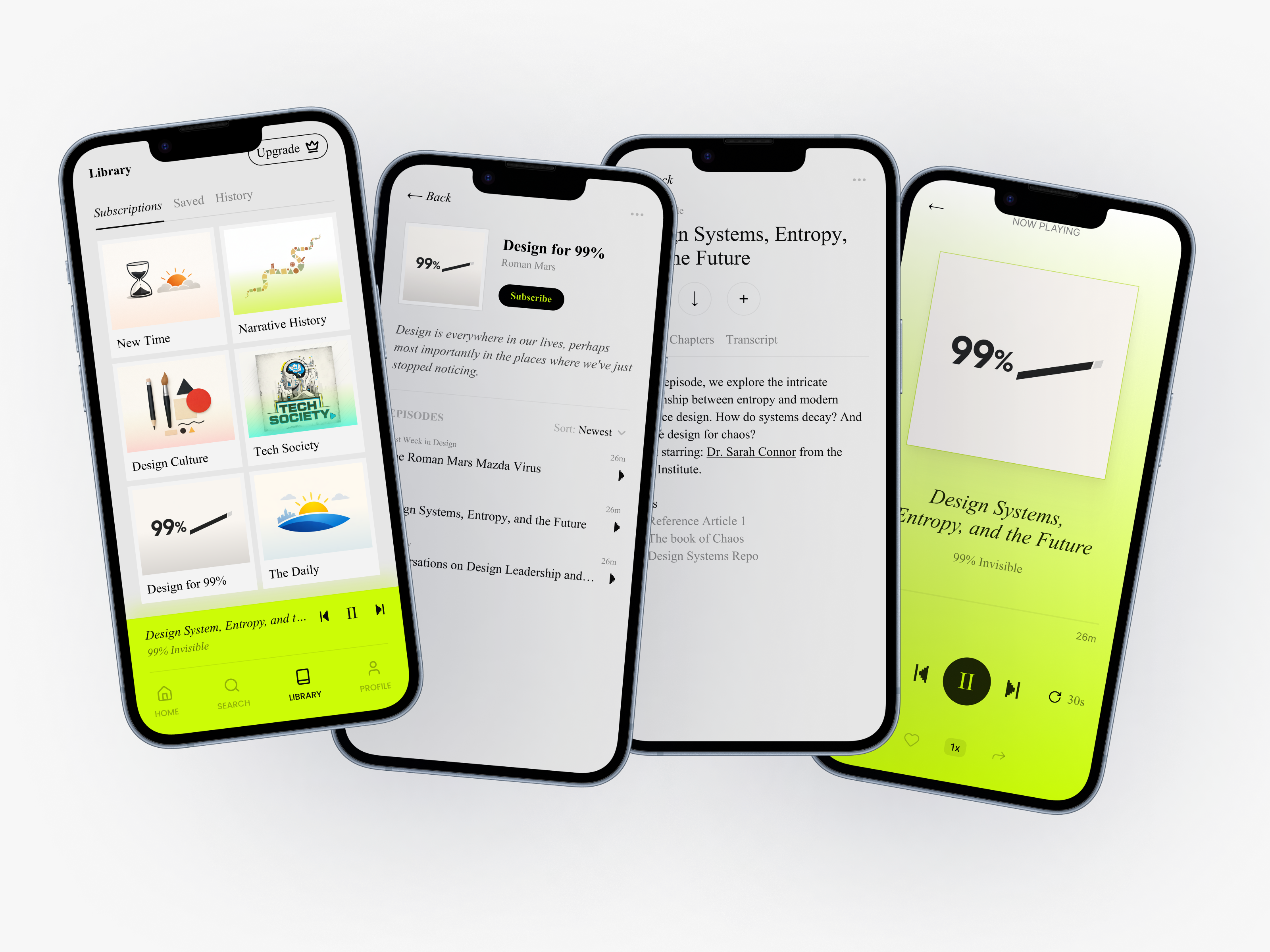 Podcast Library, Playlist & Player – Mobile App UI Design android application apps best design gray hire interface ios light mode menu minimal mobile modern neon green player playlist ui ux