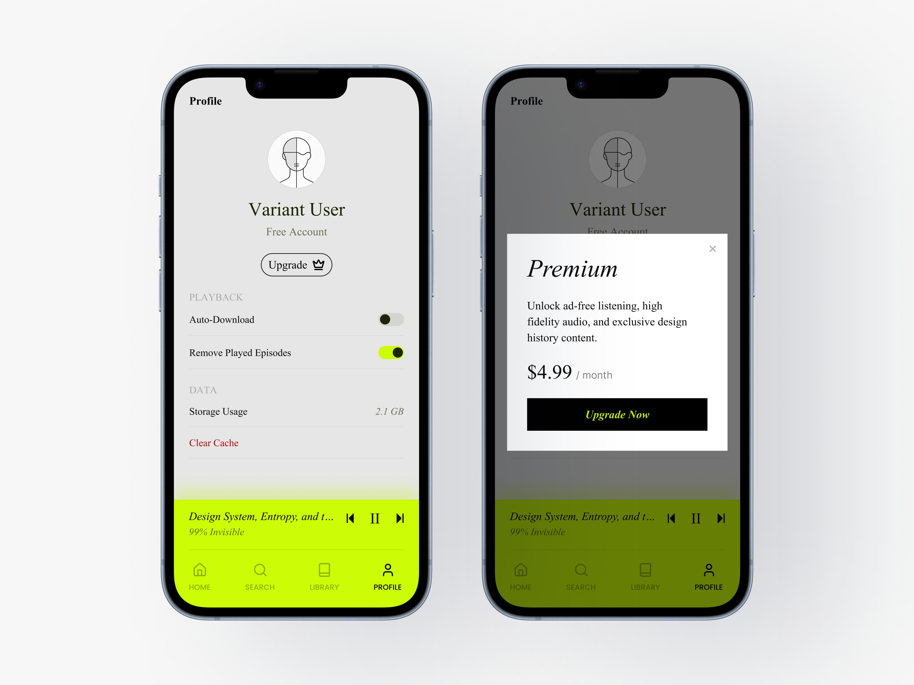 Profile & Upgrade Flow – Podcast App UI Design application apps best button design gray hire light mode menu minimal mobile modal neon green popup profile toggle ui upgrade ux