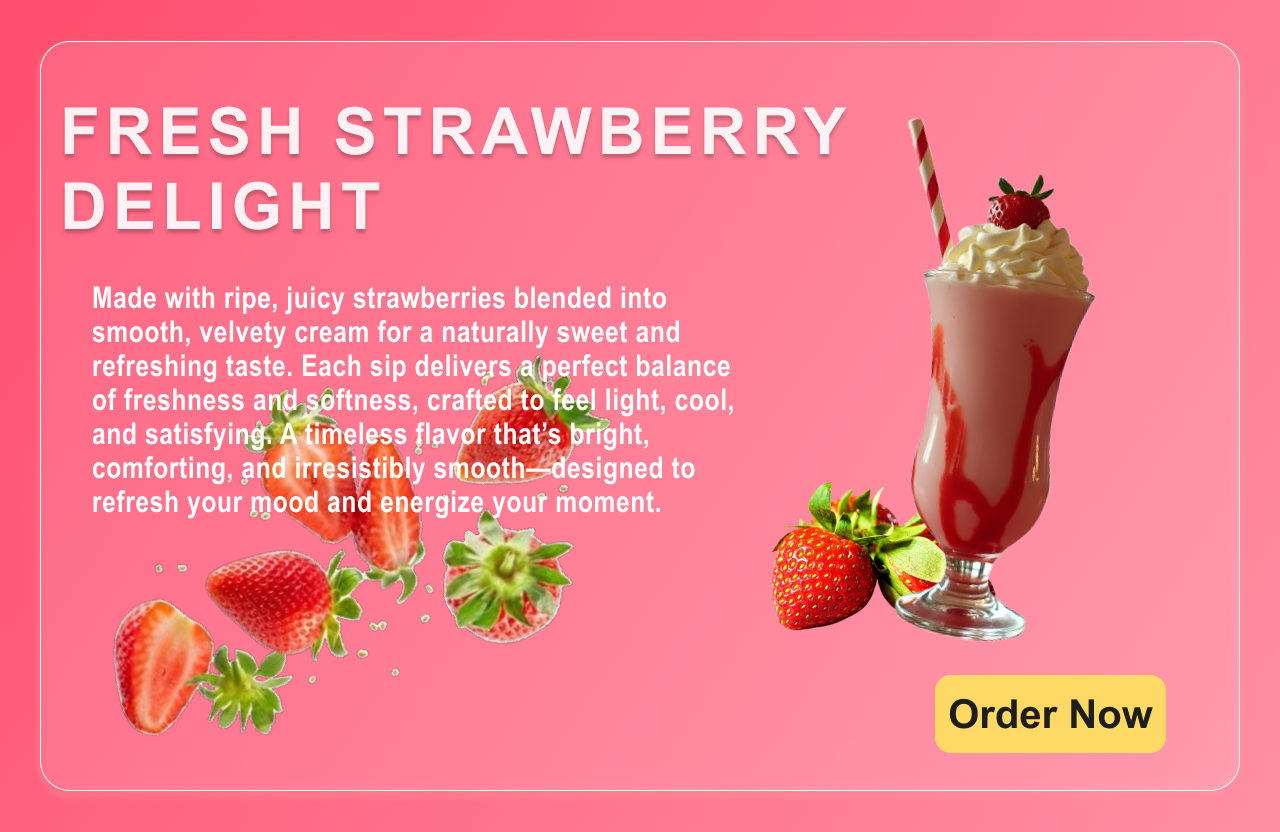 Fresh Strawberry Delight – Milkshake UI Concept 3d animation branding graphic design logo ui