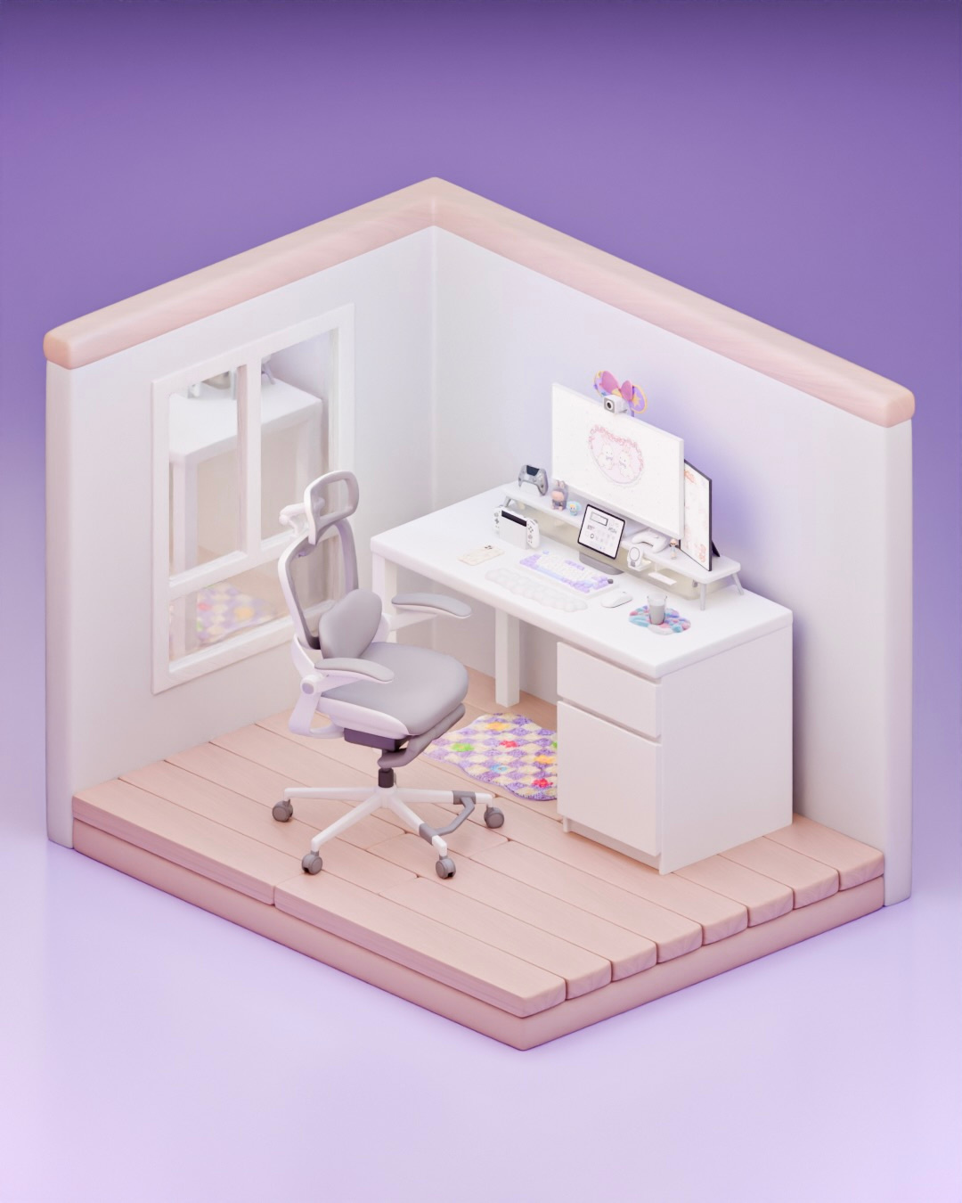 Calm and atmospheric workspace 🤍✨ 3d 3dart 3dmodel 3dmodeler 3dmodels chair cozy cute3d cuteart doll illustration ipad labubu pc room web white window