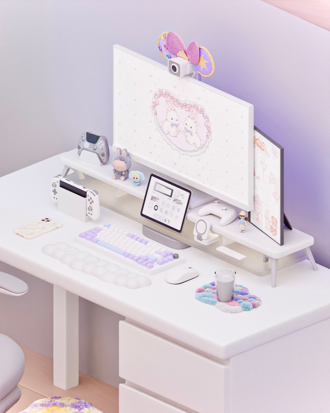 Calm and atmospheric workspace 🤍✨ 3d 3dart 3dmodel 3dmodeler 3dmodels blender cozy cute cute3d cuteart desksetup doll illustration iphone keyboard labubu milk mouse pc purple