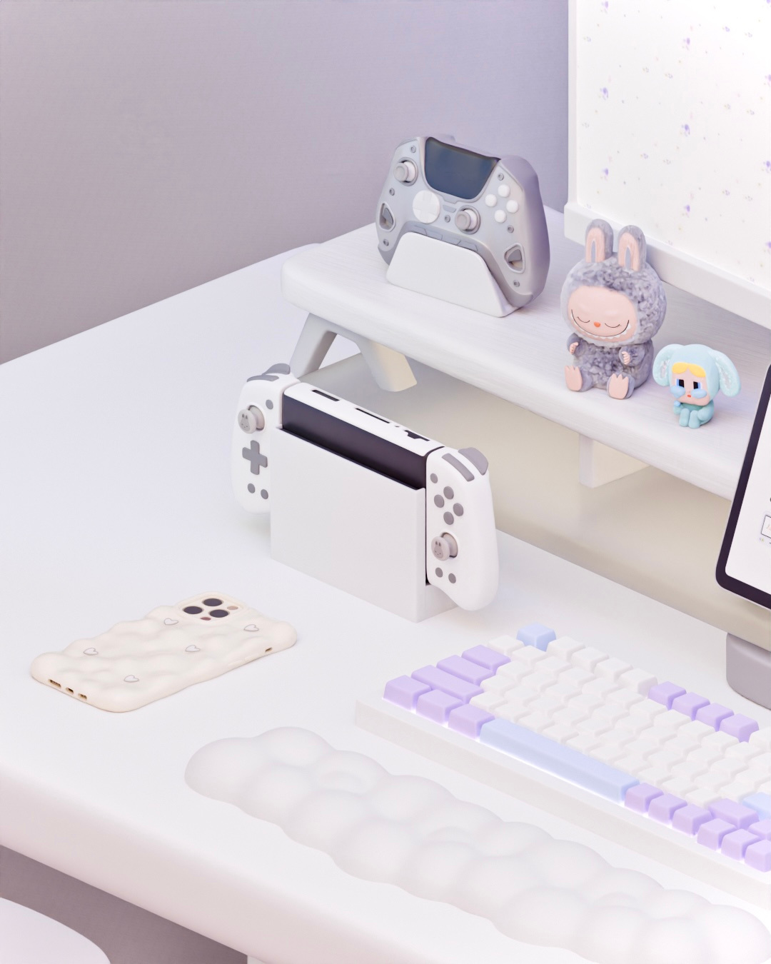 Calm and atmospheric workspace 🤍✨ 3d 3dart 3dmodel 3dmodeler 3dmodels console cozy crybaby cute cute3d cuteart desksetup illustration ipad iphone keyboard labubu light pc purple