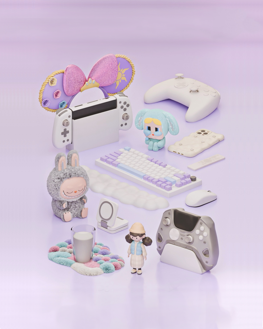 Some props from atmospheric and beautiful 3D room 😍🫶🏻✨ 3d 3dart 3dmodel 3dmodeler 3dmodels console crybaby cute cute3d cuteart doll illustration iphone labubu milk mouse pc plush props ps