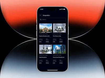 Properties List · Real Estate Mobile App · Investment Properties clean design dark mode ui editorial ui figma design fintech ui gradients investment app ios ui mobile app mobile app design product design property listings real estate app real estate investing ui ux ux ui design
