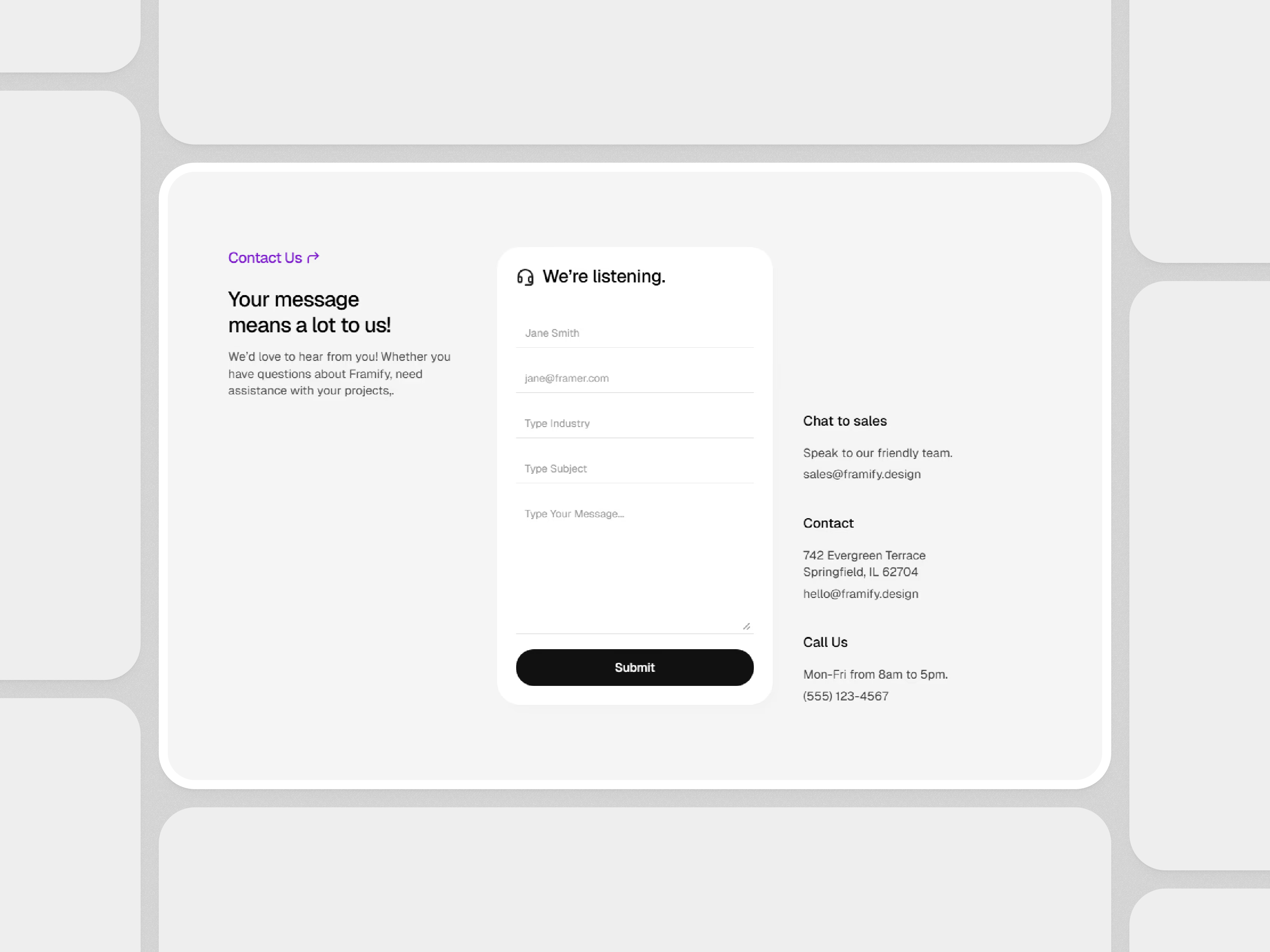 Framer Contact Section Component - Framify Design contact section contact section design contact section ui contact us contact us section design framer framer component framer component library framer contact section framer development framer template framer templates framer website ui web design