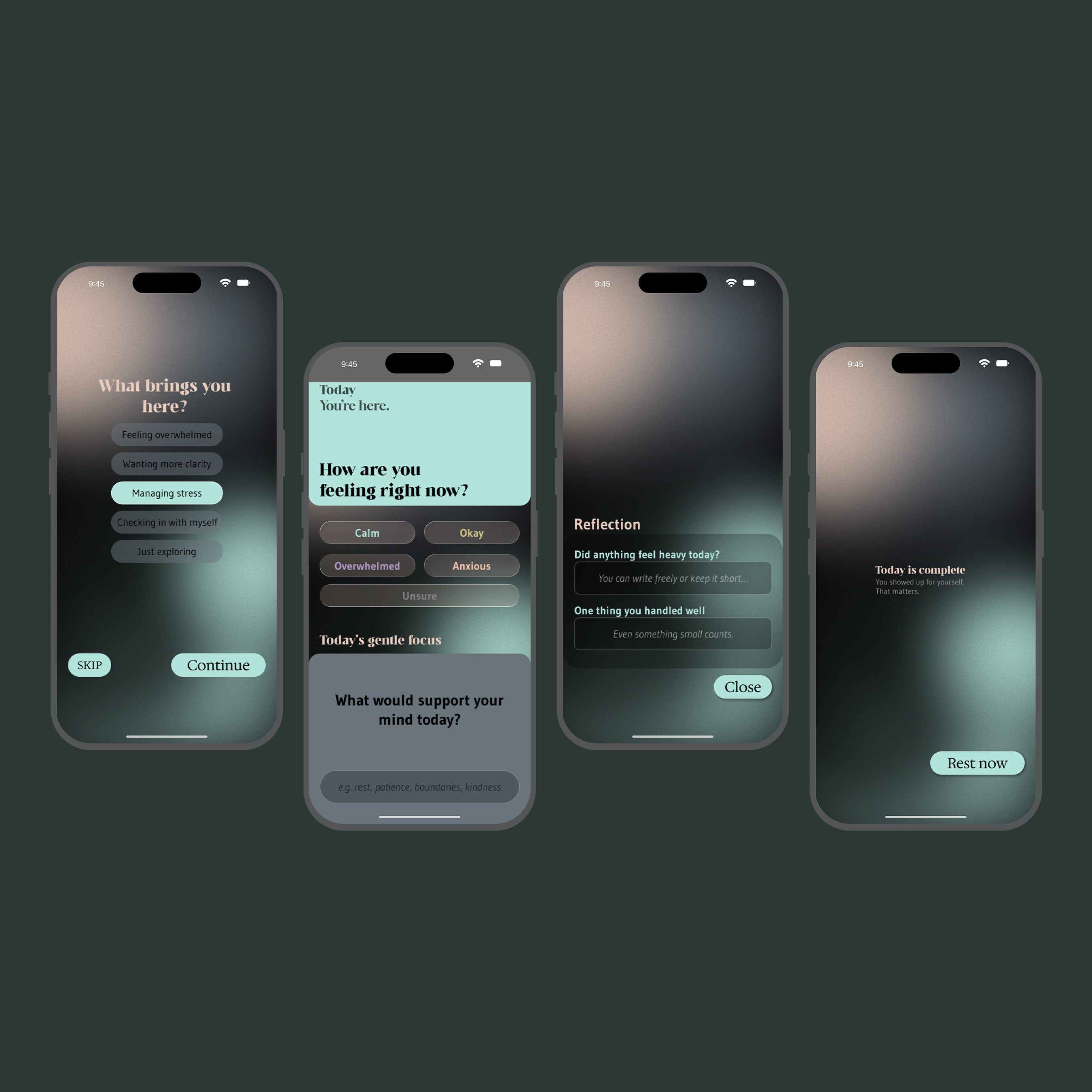 Driftline • A Calm Mental Wellness App Concept app design calm design daily check in dark ui focus app gradient background ios app mental health minimal ui mobile app onboarding product design soft ui ui ui design uiux design user experience ux ux design wellness app
