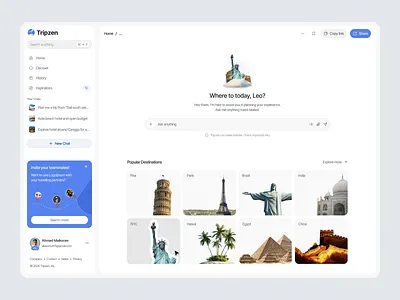 Tripzen - AI Trip Planner ai ai chat artificial intelligence card chat bot clean dashboard dashboard ai dashboard planer design hotel booking planer app travel trip planer trip planner ui uiux ux website