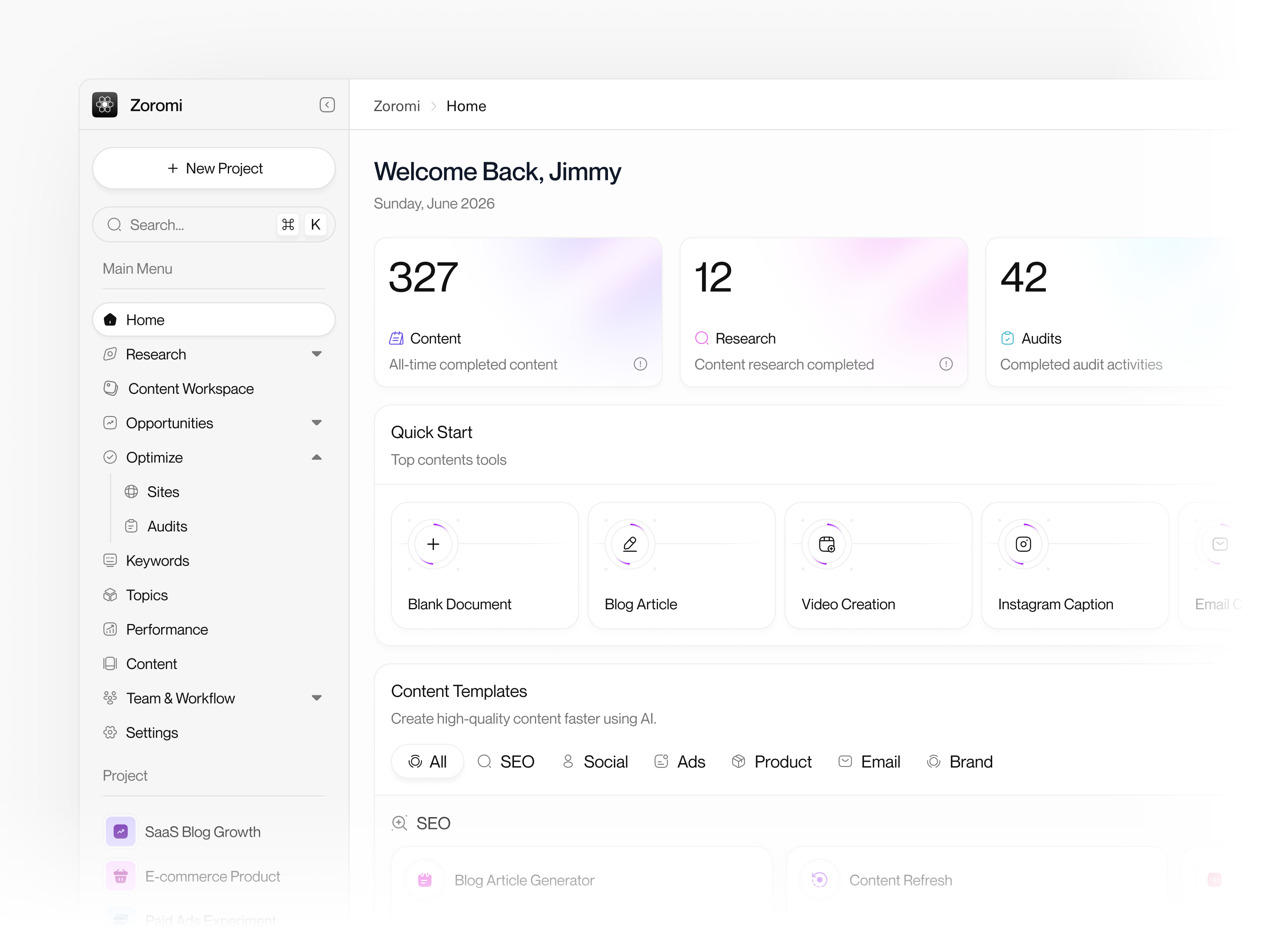 Zoromi - AI Content Generation Platform ai ai assistant ai powered artificial intelligence automation clean content creator dashboard gen ai generate marketing media minimalist product product design saas seo social media ui ux