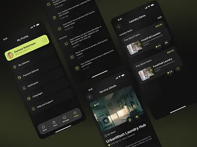 Laundry Service Mobile App UI (Dark Mode) android app ui app profile screen ui clean dark ui consumer service app dark app design dark mode mobile ui figma mobile design ios app ui laundry app ui laundry delivery app laundry service app mobile app ui design mobile ux design modern mobile interface notification screen ui on demand laundry app pricing app ui service booking app ui service details screen ui ux design