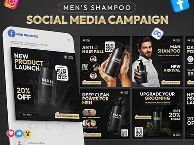 Man Shampoo Social Media Design | Product Ad Design branding design facebook ads instagram post instagram template lifestyle branding man man shampoo social media post marketing campaign masculine branding mens grooming personal care product product marketing shampoo shampoo design social media template design ui website banner