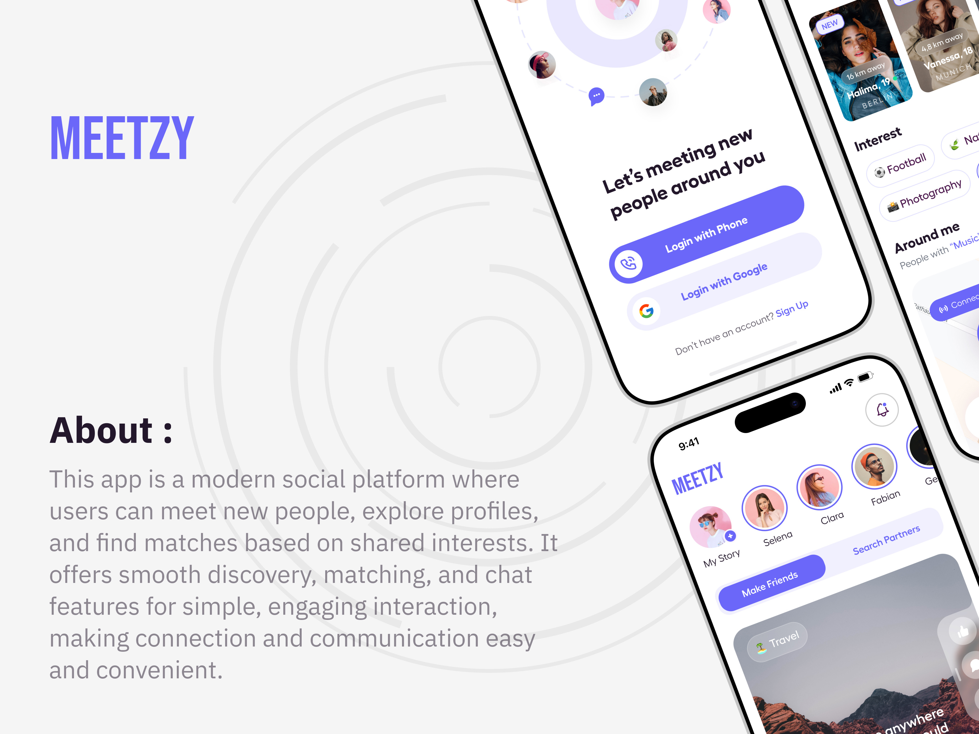 Meetzy Mobile App app ui chat app clean ui community app creative design discovery app gradient ui interaction design minimal design mobile app design modern interface onboarding product design profile design social app social networking swipe interaction ui design ux design web app