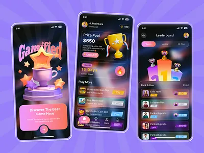 Gamified App Design – Play, Compete & Win app concept dark ui figma design game ui gamification gamified app gaming app interaction design leaderboard mobile app mobile ux product design rewards system ui design ux design