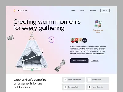Outdoor Event & Camping Service - Landing Page 3d adventure camping clean colorful creative gradient hero section interface landing page minimalist modern nature outdoor soft ui spline travel warm web design