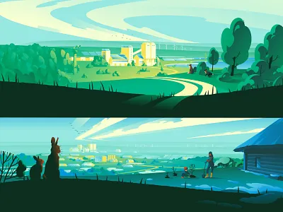 Sunly Energy Hero Vector Parallax Illustrations energy factory family forest fox green hellsjells hero home illustration industry landscape nature parallax solar spring summer