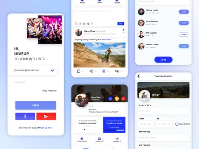 LiiveUp – Social Interests Mobile App UI Concept app design inspiration app ui creative design design agency design studio gradient ui graphic design interface design mobile app design mobile ui modern ui photoshop ui ui concept ui design user interface