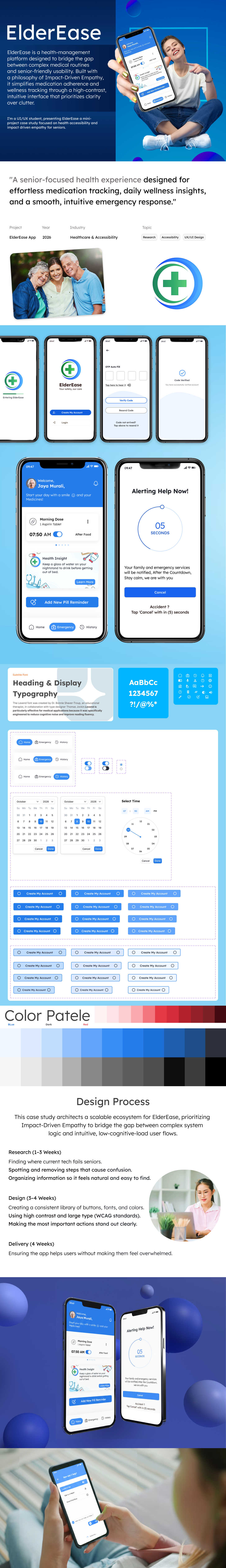 ElderEase | Health-Tech for Seniors accessibility cleanui designsystem healthtech inclusivedesign medtech mobileapp productdesign seniorux strategicdesign ui userexperience uxcasestudy