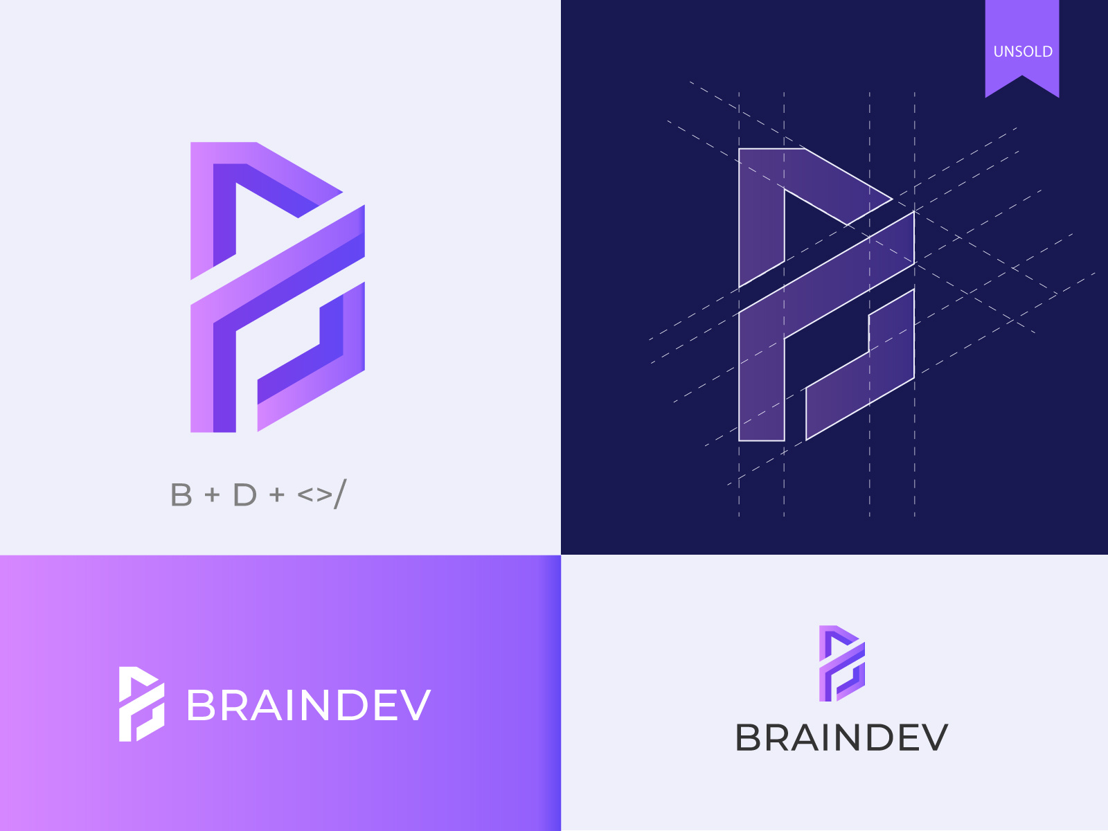 BrainDev— Modern Futuristic Web Development Branding brand identity branding clean design clean logo coding coding sign developer digital branding futuristic graphic design letter b letter bd letter d minimal modern software startup tech logo web development
