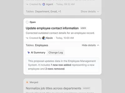 AI Database Change Requests ai card change crm database requests summary table