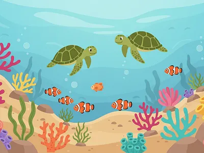 Cute Cartoon Ocean Life & Coral Reef cartoon clownfish coral reef environment illustration kids marine life ocean sea stingray web