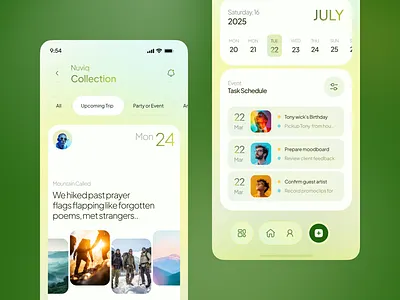 Nuviq — Memory Collection & Event Planning Screens Mobile App app ui app ux calendar ui clean ui digital scrapbook emotional design event planning app lifestyle app memory app mobile app design modern mobile app moments app panze panzestudio personal memories photo collection app startup app storytelling app task planning ui ui ux design