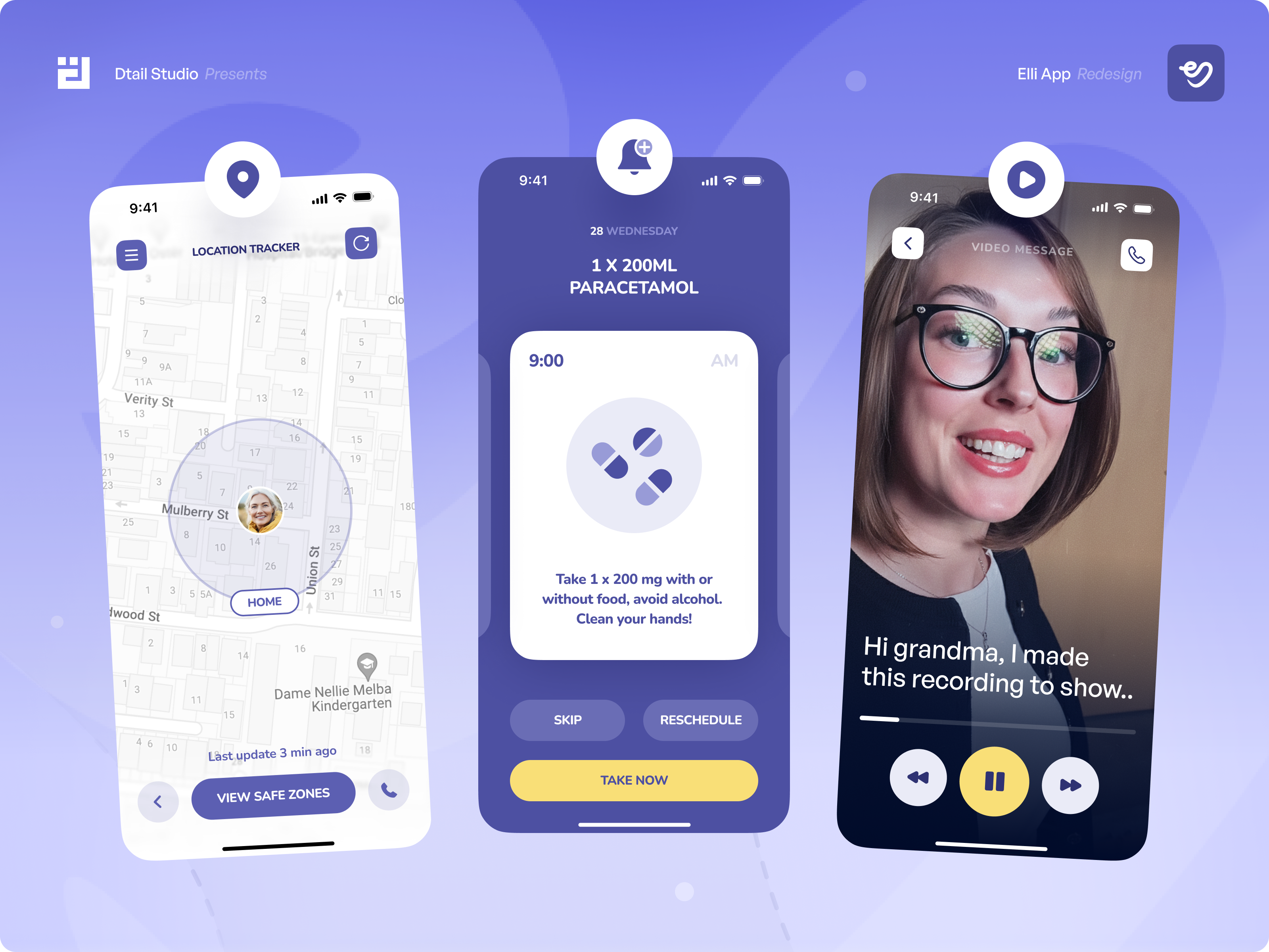 Example of Eldercare App UI — Family View with Location, Messages & Meds