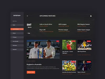 Sports Streaming Platform – Dark UI Concept dark mode dashboard ui ott platform sports app streaming ui ux design
