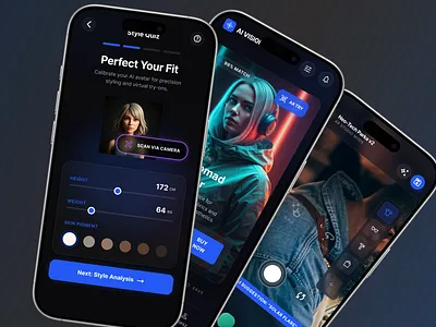AI Fashion & Virtual Try-On App UI ai fashion app design ar experience dark ui fashion app figma mobile app ui product design ui ux design virtual try on