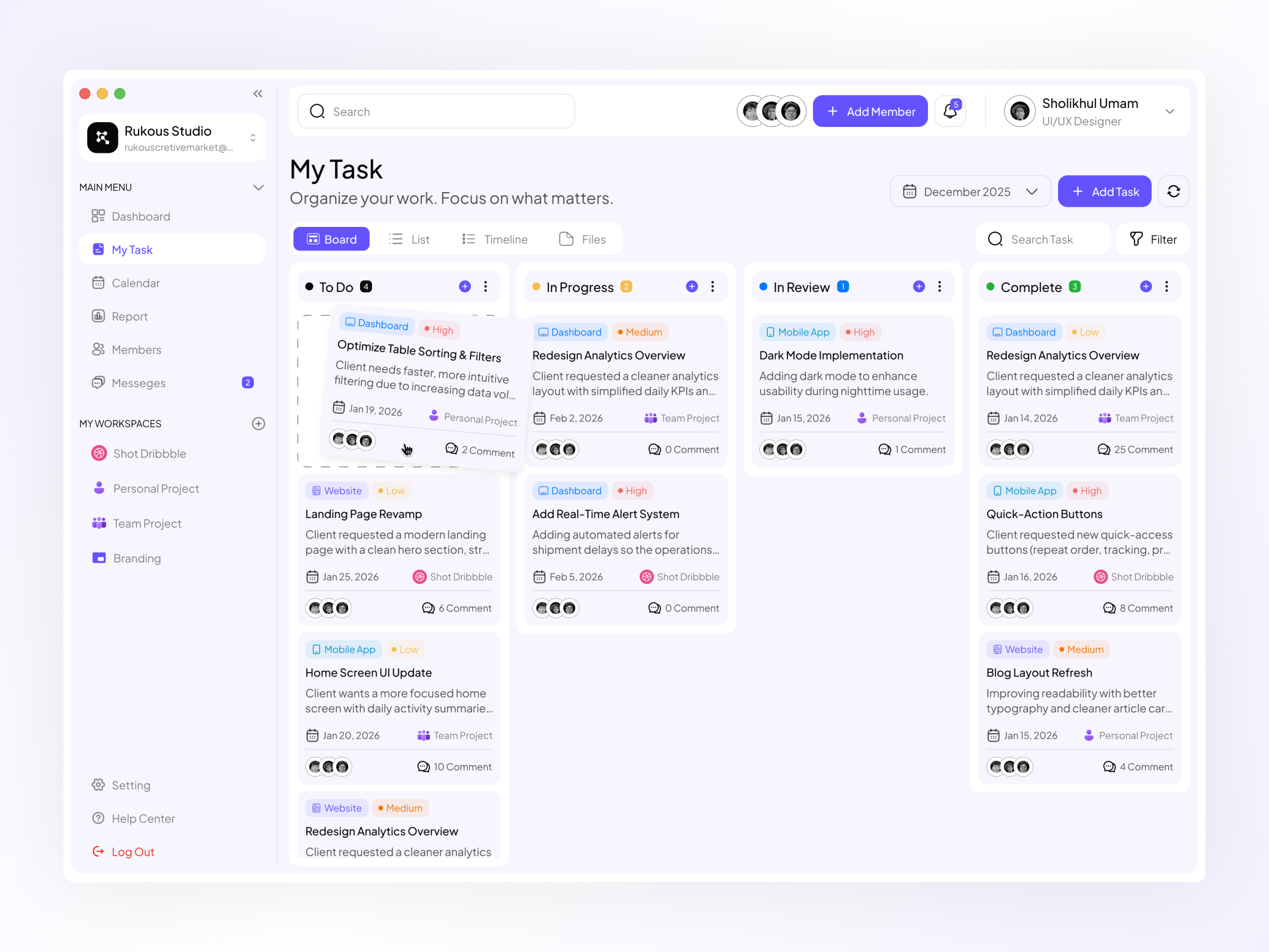 Example of UI Design For Task & Project Management
