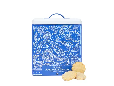 A little bit folk, a little bit fancy bird biscuit blue cookies flowers illustration lemon muti packaging pattern patterndesign protea sugarbird tinillustration white
