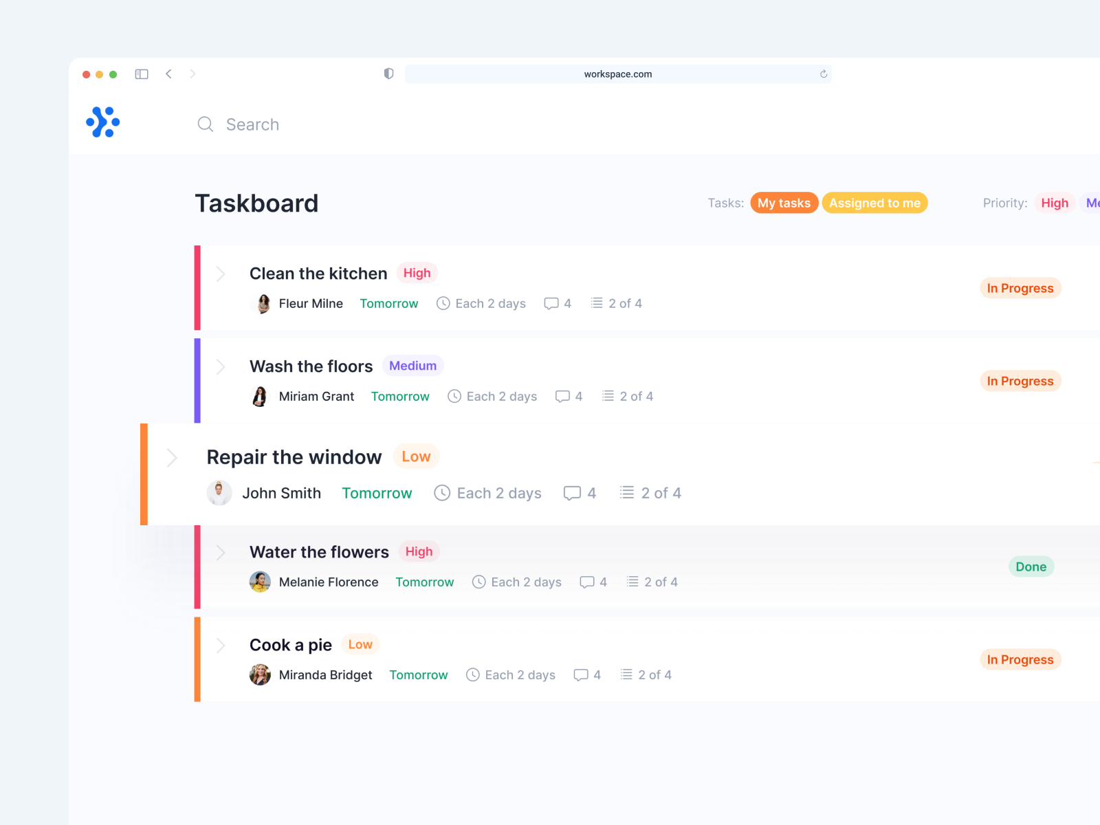 Workspace — Taskboard dashboard design management project search tag task ui ux web