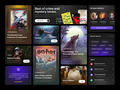 Book Platform UI Elements Exploration authors book cover book website branding card clean dark mode design gradient blur menu reviews typography ui ui elements ui kit ux whitespace widgets