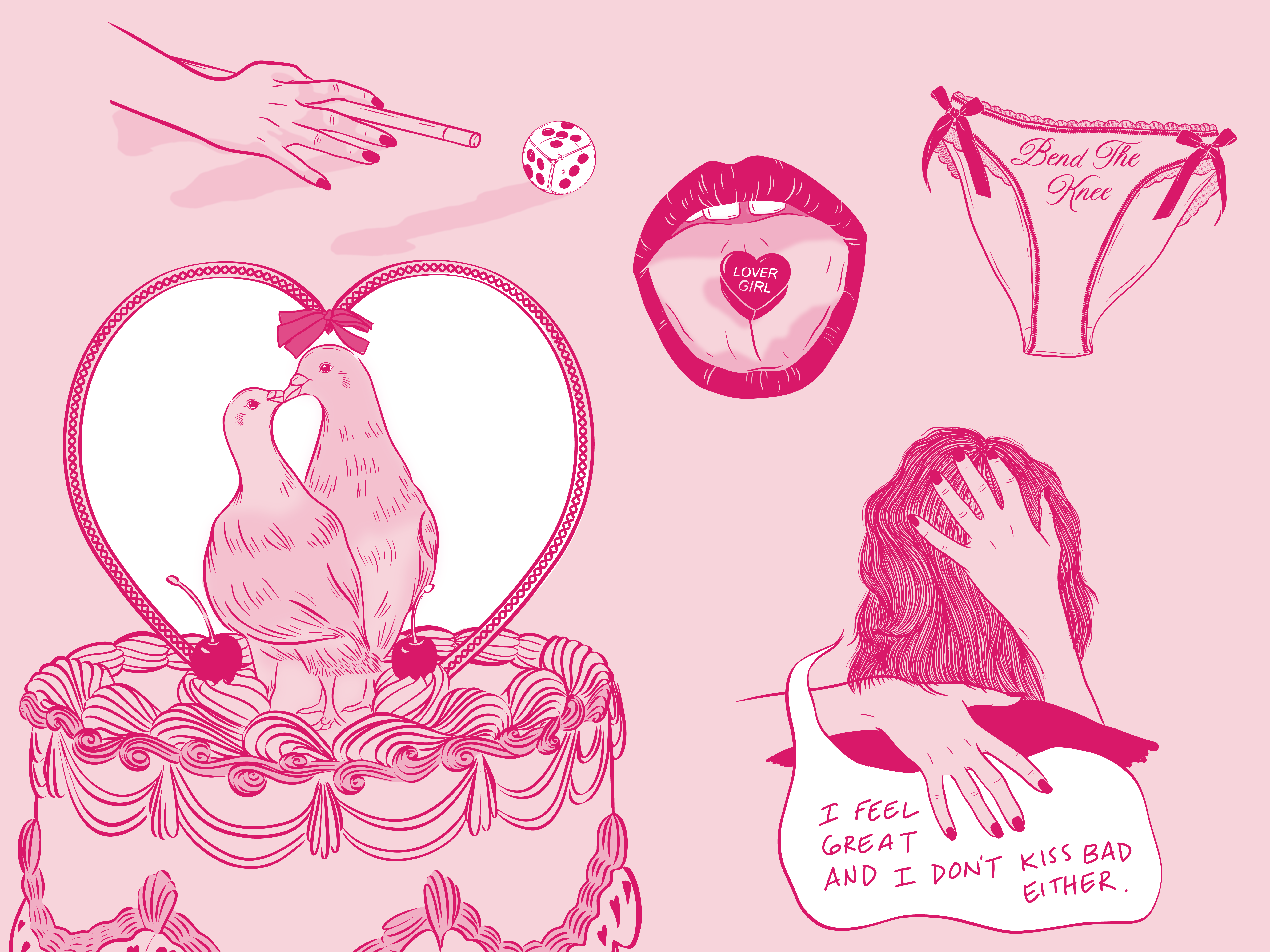 Valentine's Day 2026 billiards candy drawing female feminine hands heart illustration lips love lovers pigeons pink romance sexy undies valentine valentines day wedding cake woman