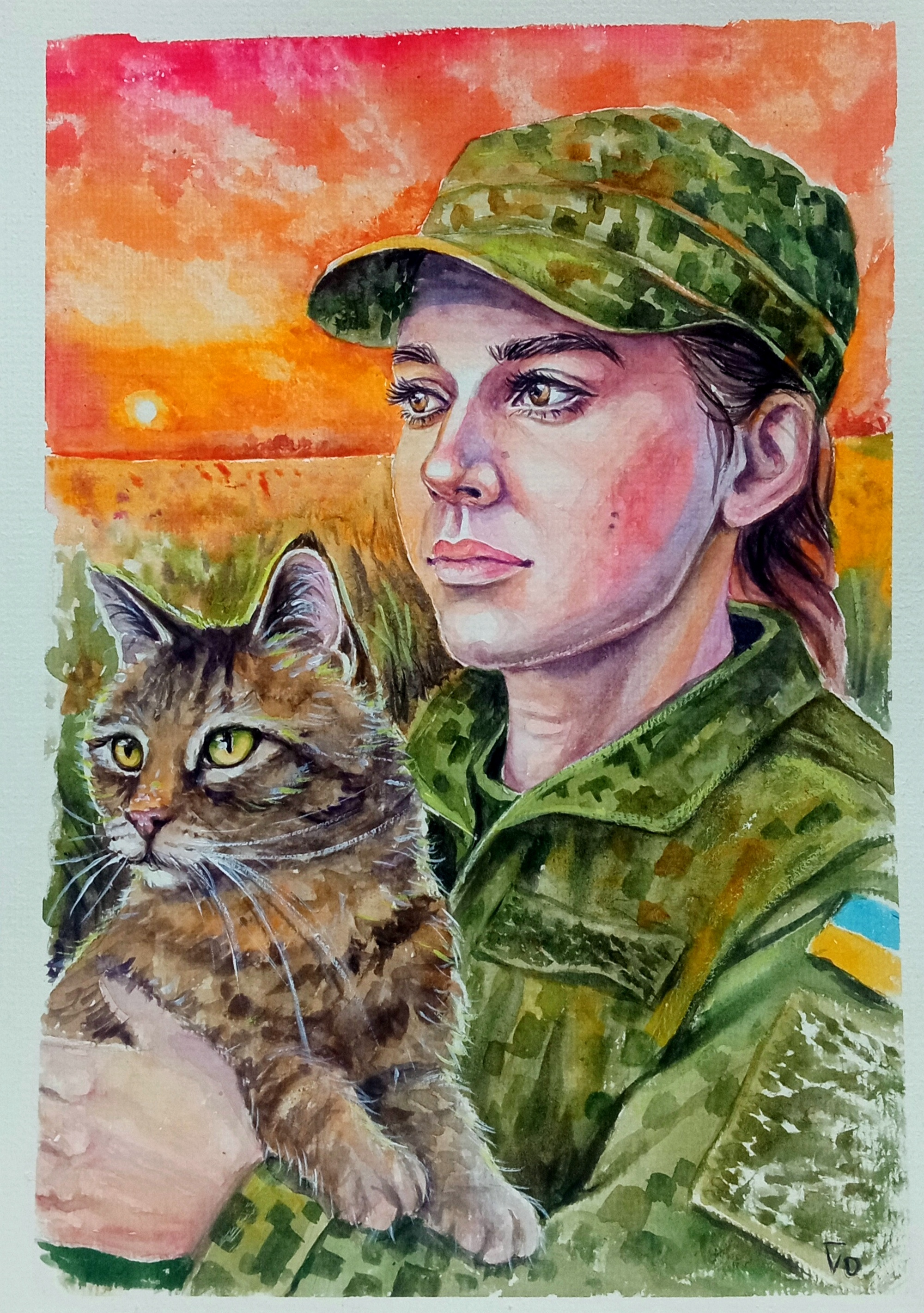 Ukrainian Woman Soldier Cat, Watercolor Painting, War Art art cat hand painted handmade illustration paint painting ukraine war woman