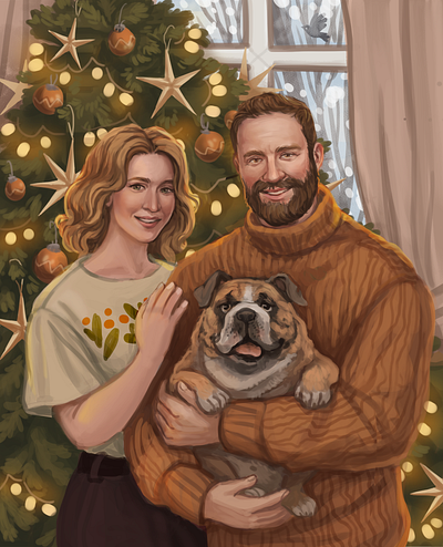 Family with a Bulldog Digital Illustration art christmas digital art hand drawn illustration portrait procreate