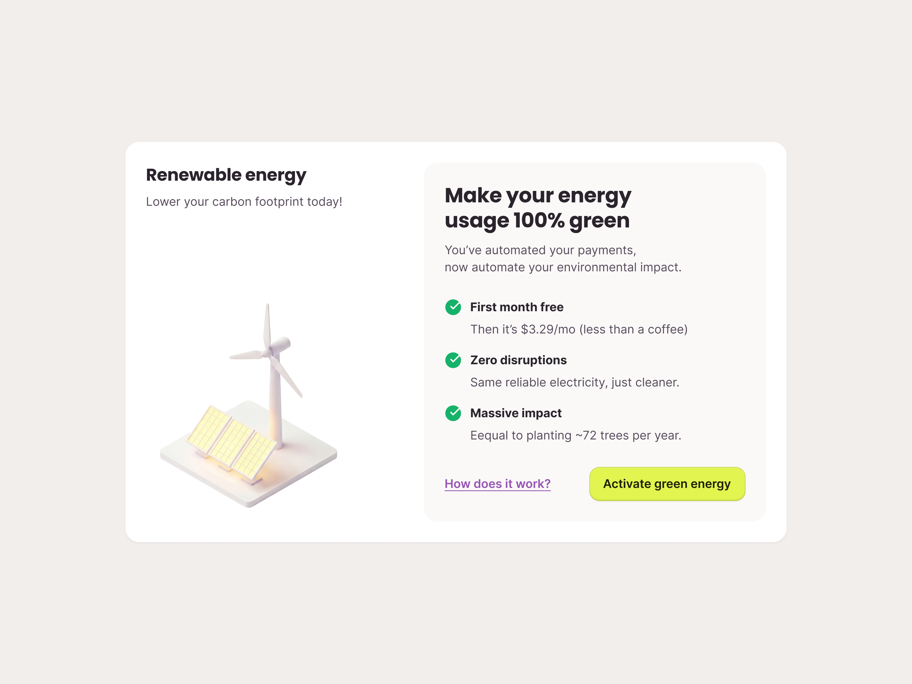 Renewable energy upsell for Public Grid 3d 3d icon activate check list clay electricity empty state energy explanation how it works illustration isometric renewable renewable energy solar energy solar panel upgrade upsell utility windmill