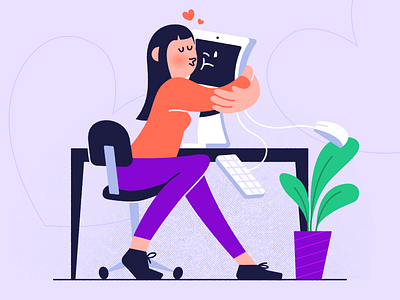 Valentines Day 💕 2d adobe illustrator character computer cuddle design desk girl hearts hug illustration kiss love loving office plants valentine valentines day website woman