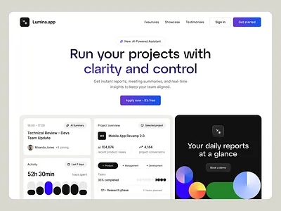 Lumina.app - landing page ai app concept design geometric pattern hero section illustration orizon productivity project management ui ux web